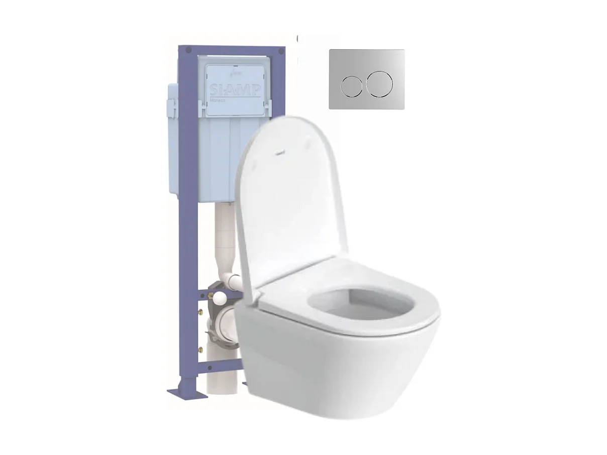 Pack WC suspendu compact sans bride DURAVIT D-Neo avec abattant frein de chute + bati support SIAMP + Plaque de commande chromée