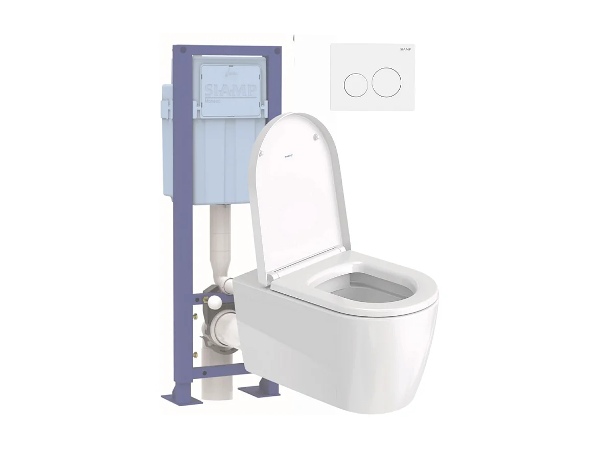 Pack WC suspendu sans bride DURAVIT Me by Starck avec abattant frein de chute + bati support SIAMP + Plaque de commande blanche