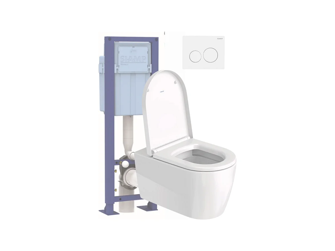 Pack WC suspendu sans bride DURAVIT Me by Starck avec abattant frein de chute + bati support SIAMP + Plaque de commande blanche