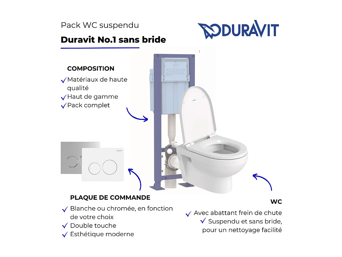 Pack WC suspendu sans bride DURAVIT Me by Starck avec abattant frein de chute + bati support SIAMP + Plaque de commande blanche