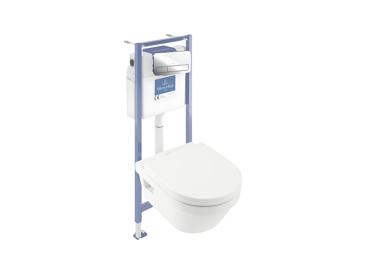 Pack WC sans bride VILLEROY ET BOCH Architectura avec abattant + bâti-support sol et mur Viconnect PRO + plaque chromée brillant