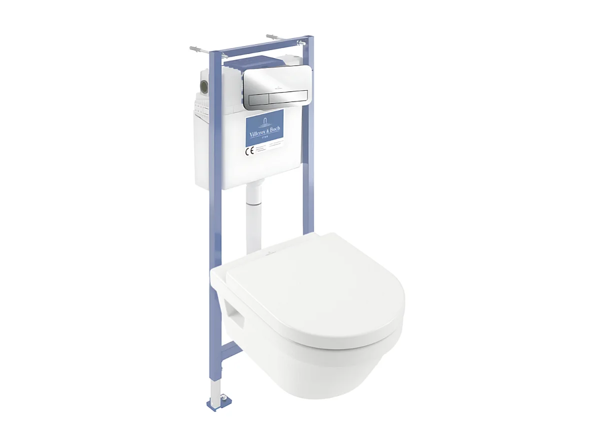 Pack WC sans bride VILLEROY ET BOCH Architectura avec abattant + bâti-support sol et mur Viconnect PRO + plaque chromée brillant