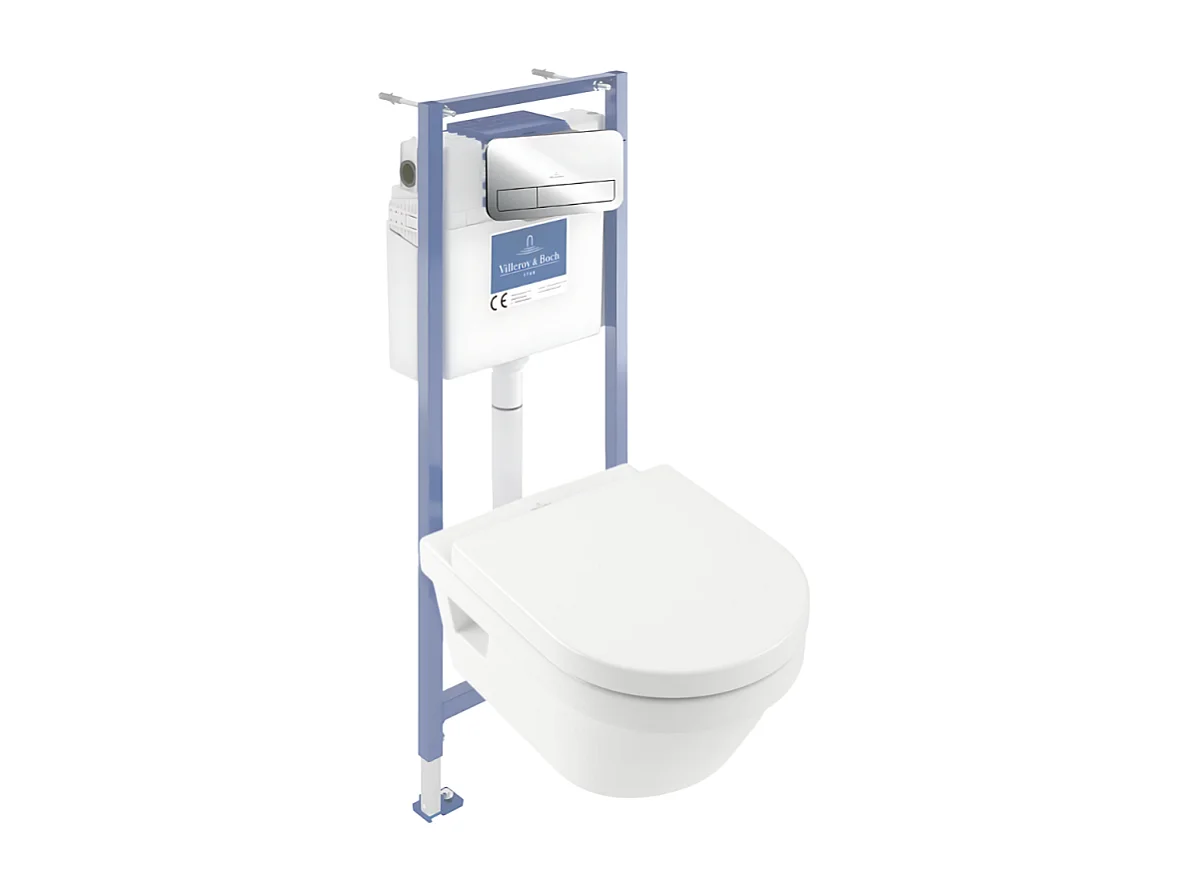 Pack WC sans bride VILLEROY ET BOCH Architectura avec abattant + bâti-support sol et mur Viconnect PRO + plaque chromée brillant