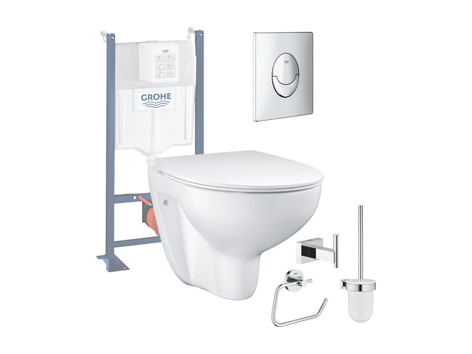Pack WC sans bride Bau Ceramic avec abattant slim + Bâti support WC Rapid SL + plaque de commande Start chromé + Accessoires