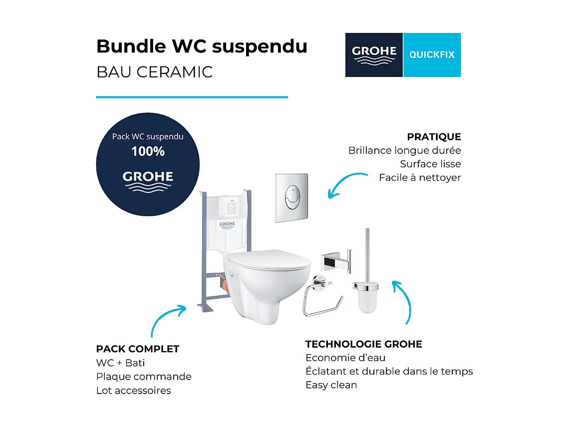 Pack WC sans bride Bau Ceramic avec abattant slim + Bâti support WC Rapid SL + plaque de commande Start chromé + Accessoires