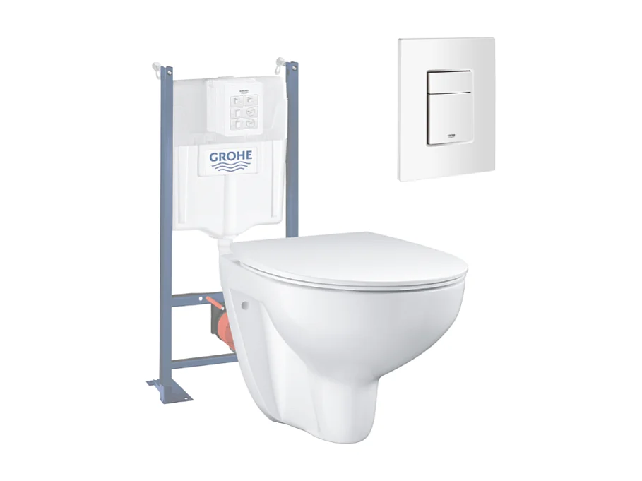 Pack WC sans bride Bau Ceramic slim avec abattant + Bâti support SL Rapid + Plaque de commande carré blanc