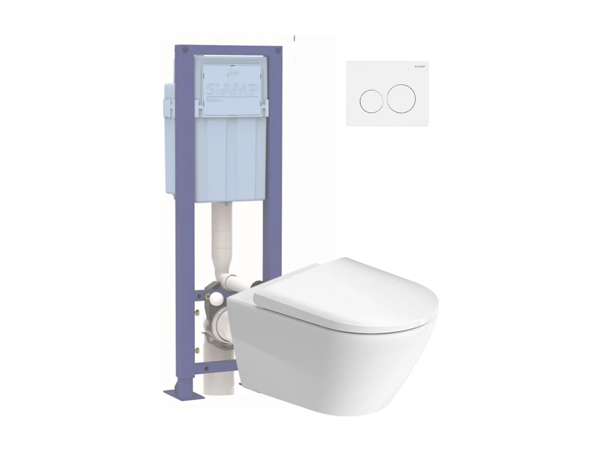 Pack WC suspendu sans bride DURAVIT D-Neo avec abattant frein de chute + bati support SIAMP + Plaque de commande blanche
