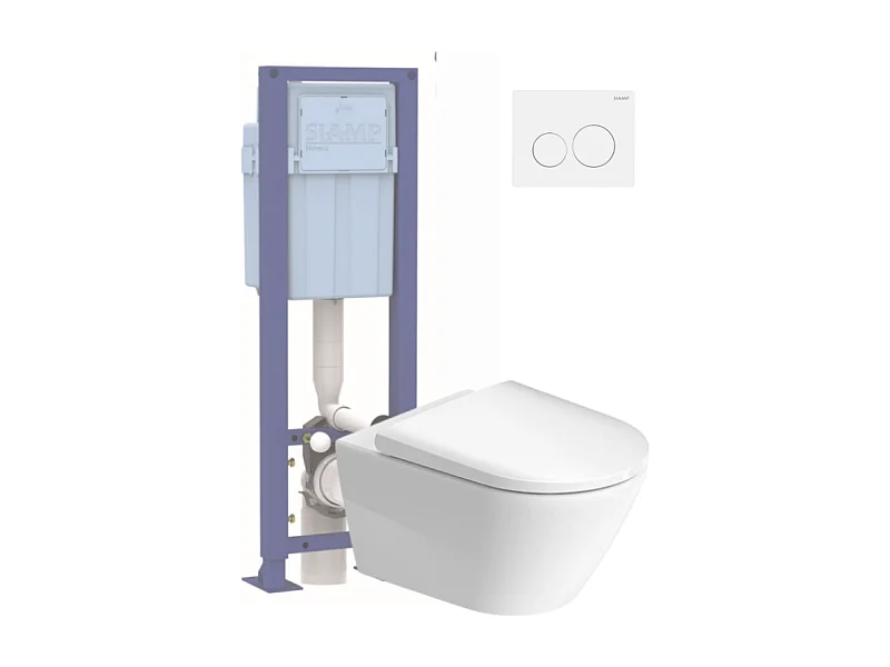 Pack WC suspendu sans bride DURAVIT D-Neo avec abattant frein de chute + bati support SIAMP + Plaque de commande blanche