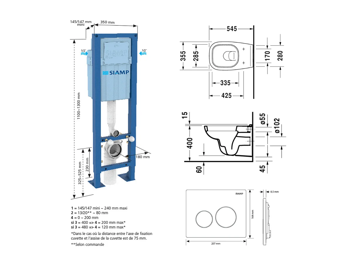 Pack WC suspendu DURAVIT D-code avec abattant frein de chute synthétique + bati support SIAMP + Plaque de commande blanche