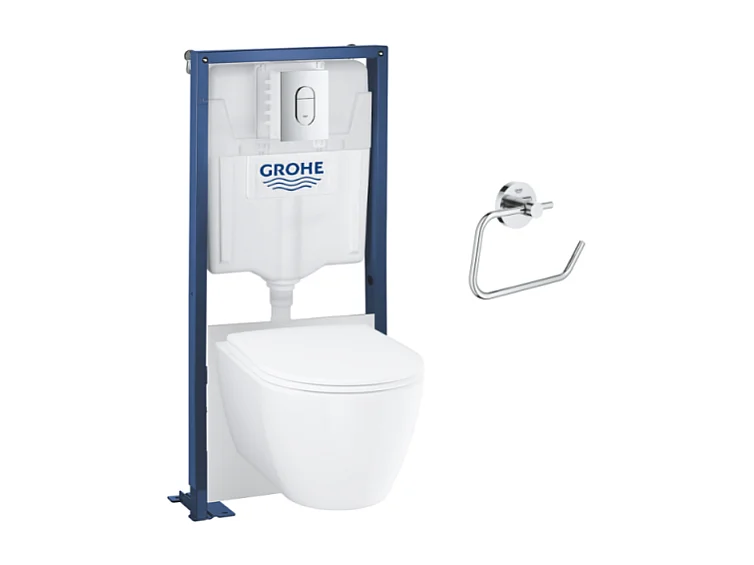 Pack WC suspendu sans bride GROHE Essence avec abattant + plaque chromée + bâti Grohe + Dérouleur papier