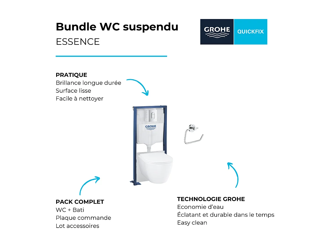 Pack WC suspendu sans bride GROHE Essence avec abattant + plaque chromée + bâti Grohe + Dérouleur papier