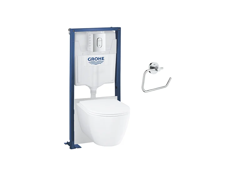 Pack WC suspendu sans bride GROHE Essence avec abattant + plaque chromée + bâti Grohe + Dérouleur papier