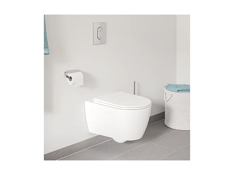 Pack WC suspendu sans bride GROHE Essence avec abattant + plaque chromée + bâti Grohe + Dérouleur papier