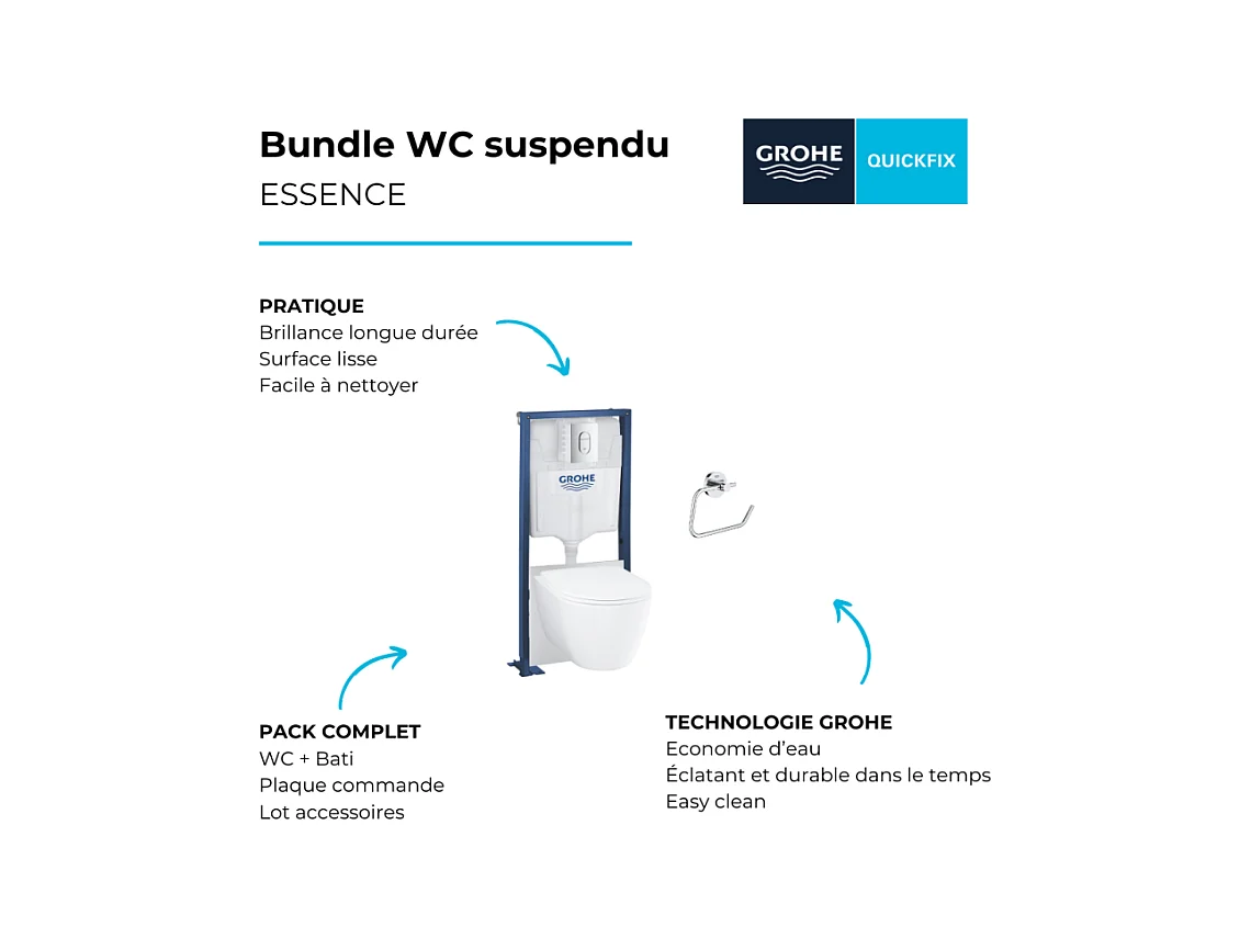 Pack WC suspendu sans bride GROHE Essence avec abattant + plaque chromée + bâti Grohe + Dérouleur papier