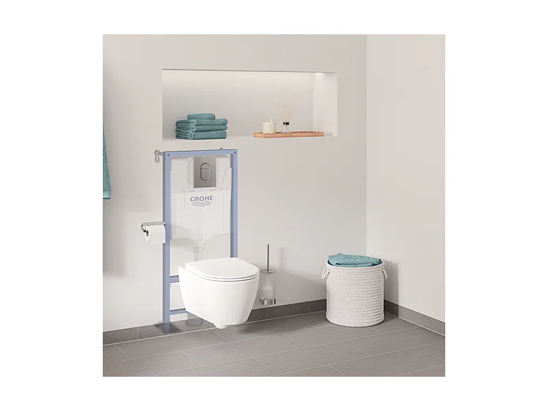 Pack WC suspendu sans bride GROHE Essence avec abattant + plaque chromée + bâti Grohe + Dérouleur papier