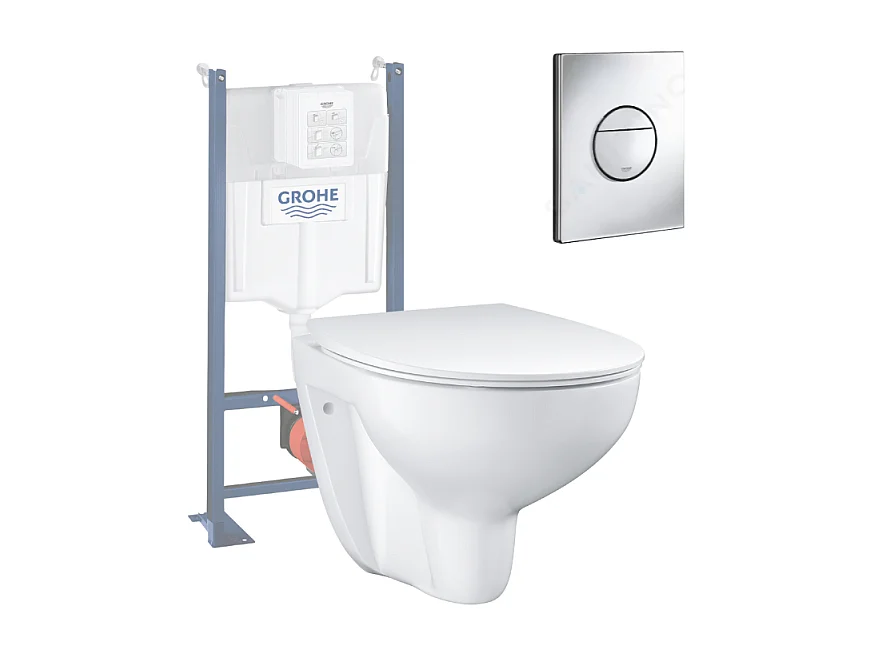 Pack WC sans bride Bau Ceramic Set de toilette Slim avec abattant + Bâti support Rapid SL + Plaque de commande WC rond chromé