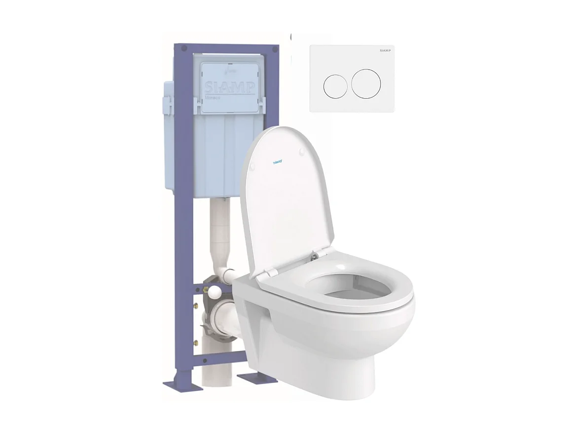 Pack WC suspendu sans bride DURAVIT Duravit No.1 avec abattant frein de chute + bati support SIAMP + Plaque de commande blanche