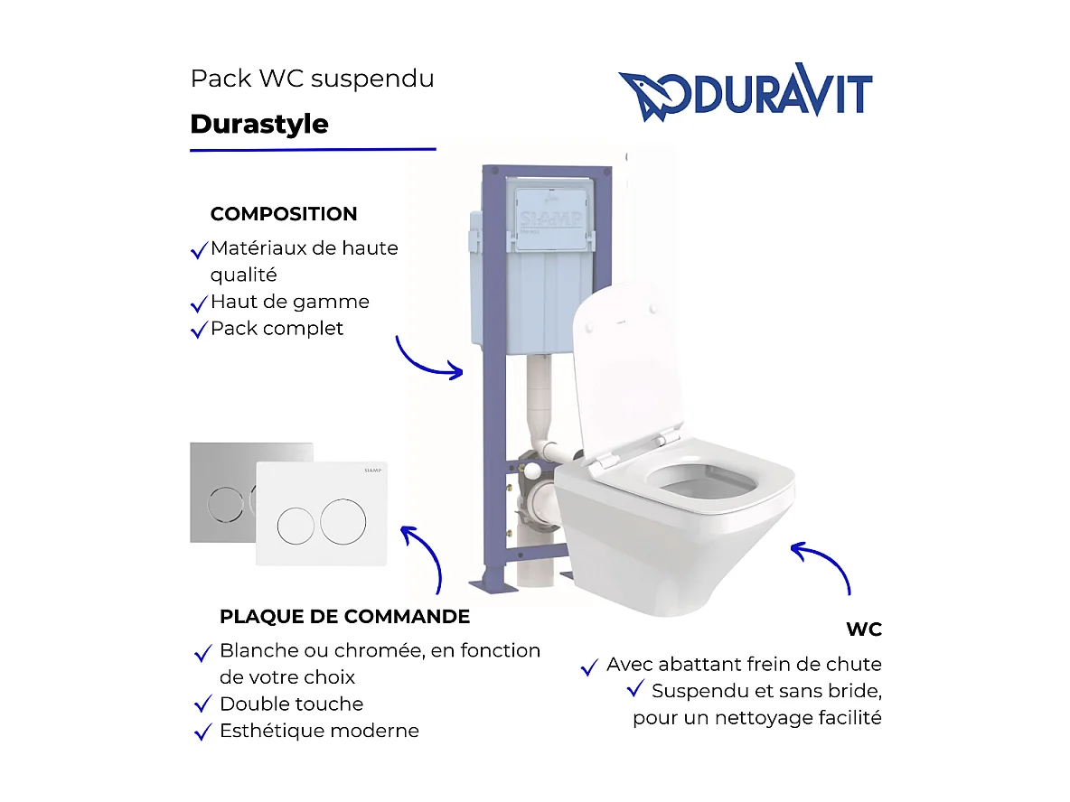 Pack WC suspendu sans bride DURAVIT Duravit No.1 avec abattant frein de chute + bati support SIAMP + Plaque de commande blanche