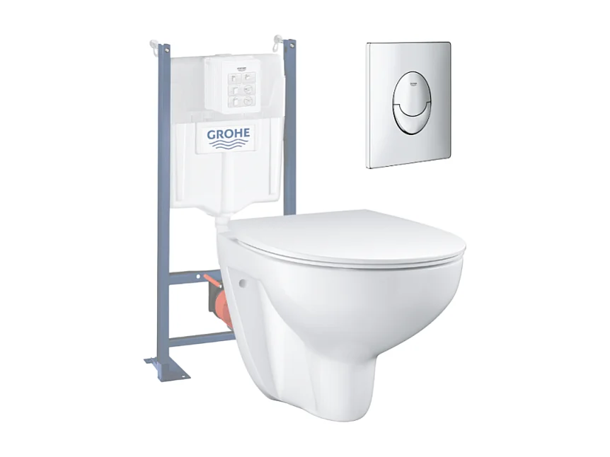 Pack WC sans bride Bau Ceramic Slim + abattant + Bati support autoportant + Plaque commande ovale chromé
