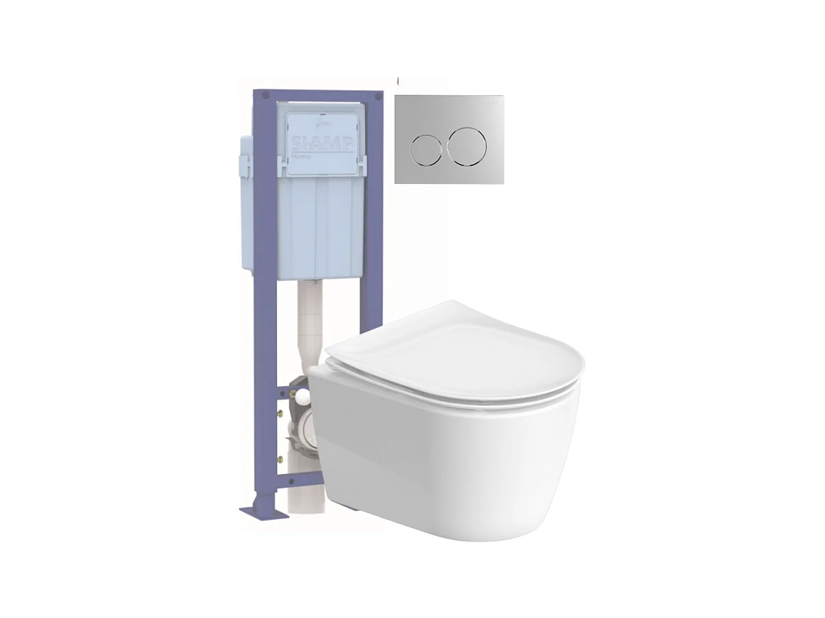 Pack WC suspendu sans bride DURAVIT Soleil by Starck avec abattant frein de chute + bati support SIAMP + Plaque chromée