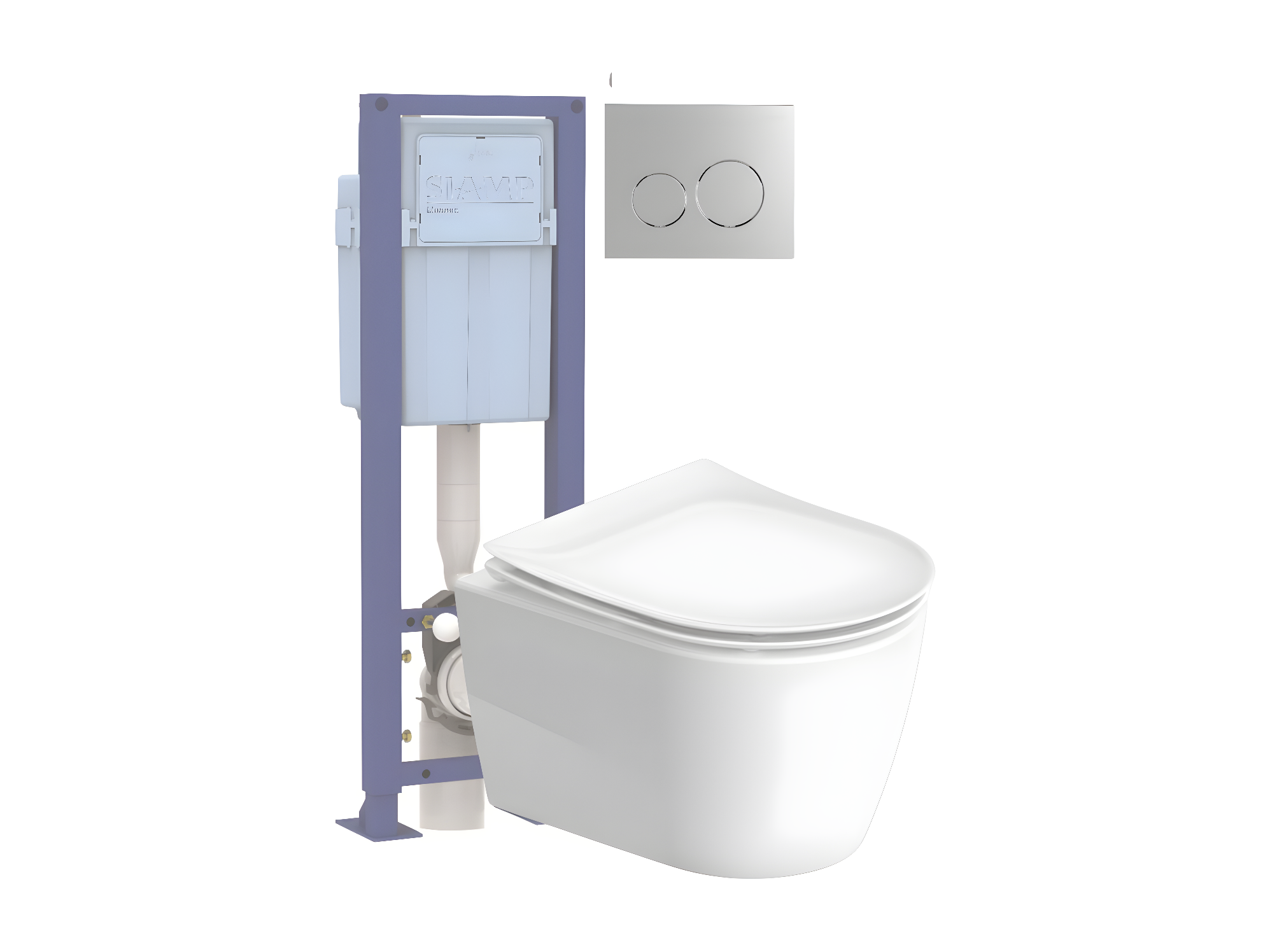 Pack WC suspendu sans bride DURAVIT Soleil by Starck avec abattant frein de chute bati support SIAMP Plaque de commande chromee