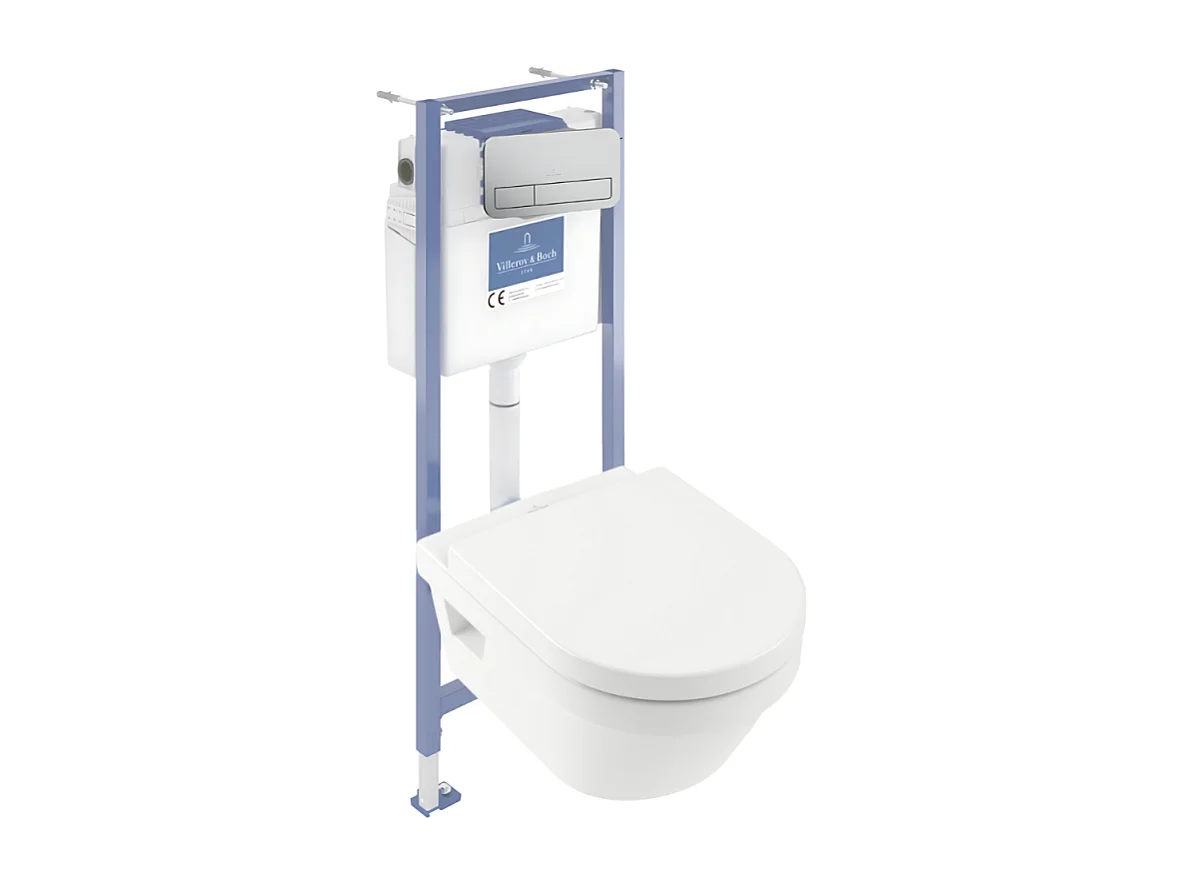 Pack WC sans bride VILLEROY ET BOCH Architectura avec abattant + bâti-support sol et mur Viconnect PRO + plaque chromée mat