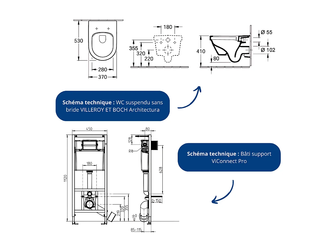 Pack WC sans bride VILLEROY ET BOCH Architectura avec abattant + bâti-support sol et mur Viconnect PRO + plaque chromée mat