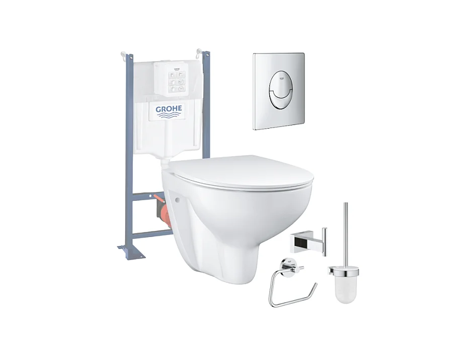 Pack WC sans bride Bau Ceramic Slim + abattant + Bati support autoportant + Plaque commande ovale chromé + Accessoires