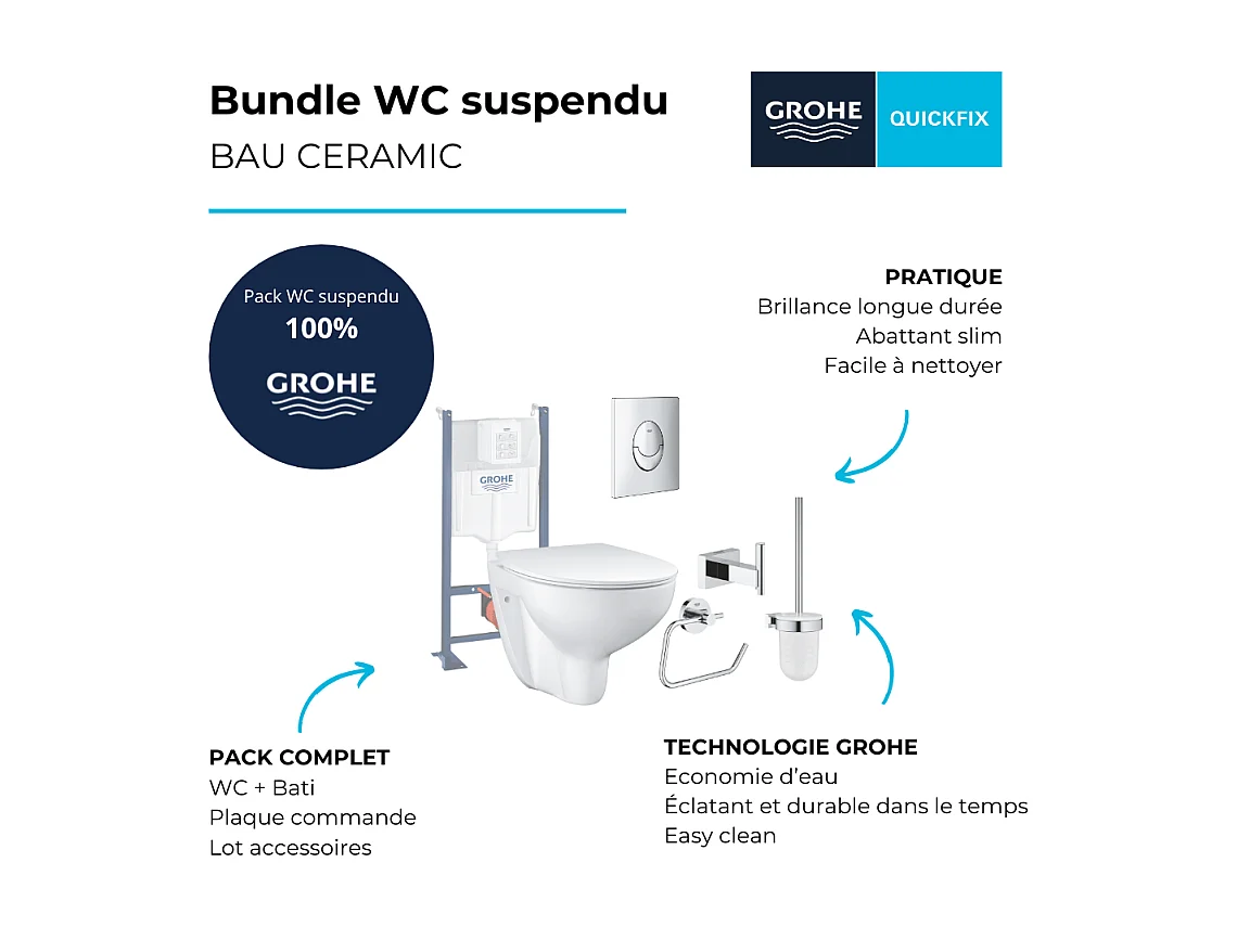 Pack WC sans bride Bau Ceramic Slim + abattant + Bati support autoportant + Plaque commande ovale chromé + Accessoires