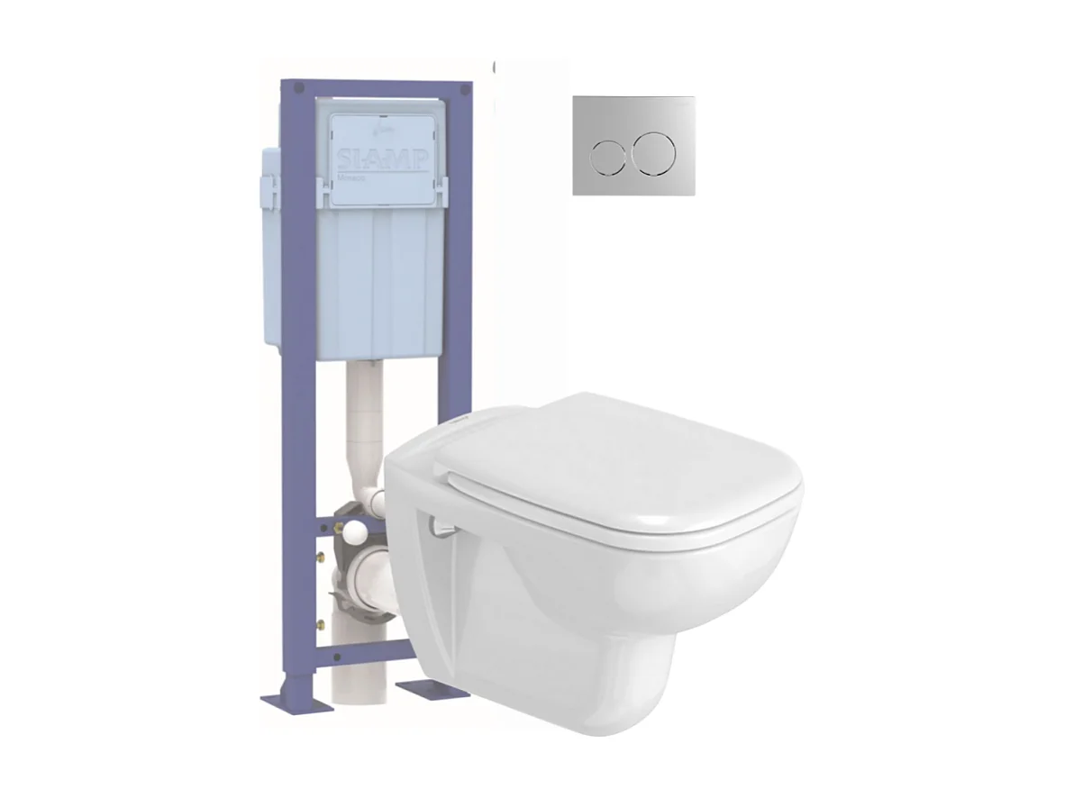 Pack WC suspendu DURAVIT D-code avec abattant + bati support SIAMP + Plaque de commande chromée