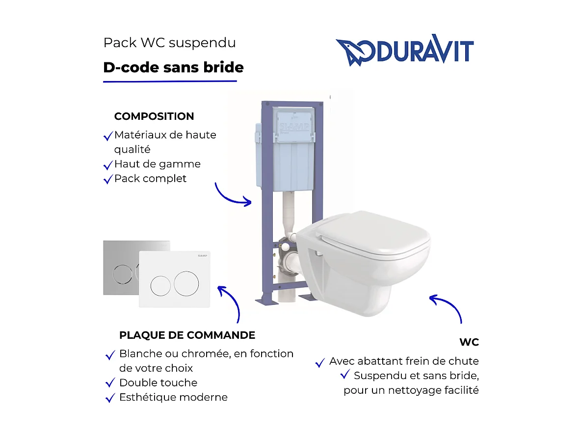 Pack WC suspendu sans bride DURAVIT Durastyle avec abattant frein de chute + bati support SIAMP + Plaque de commande chromée