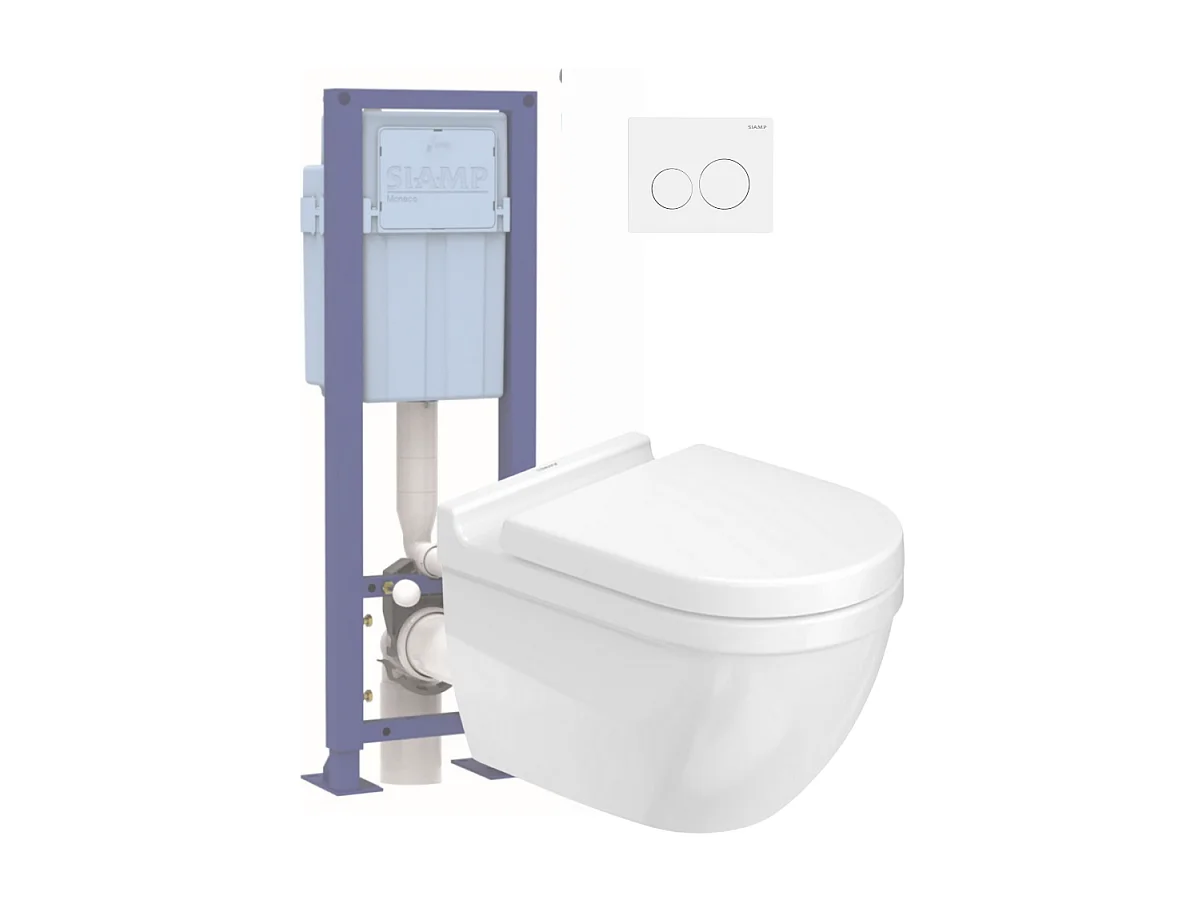 Pack WC suspendu sans bride DURAVIT Starck 3 avec abattant frein de chute + bati support SIAMP + Plaque de commande blanche