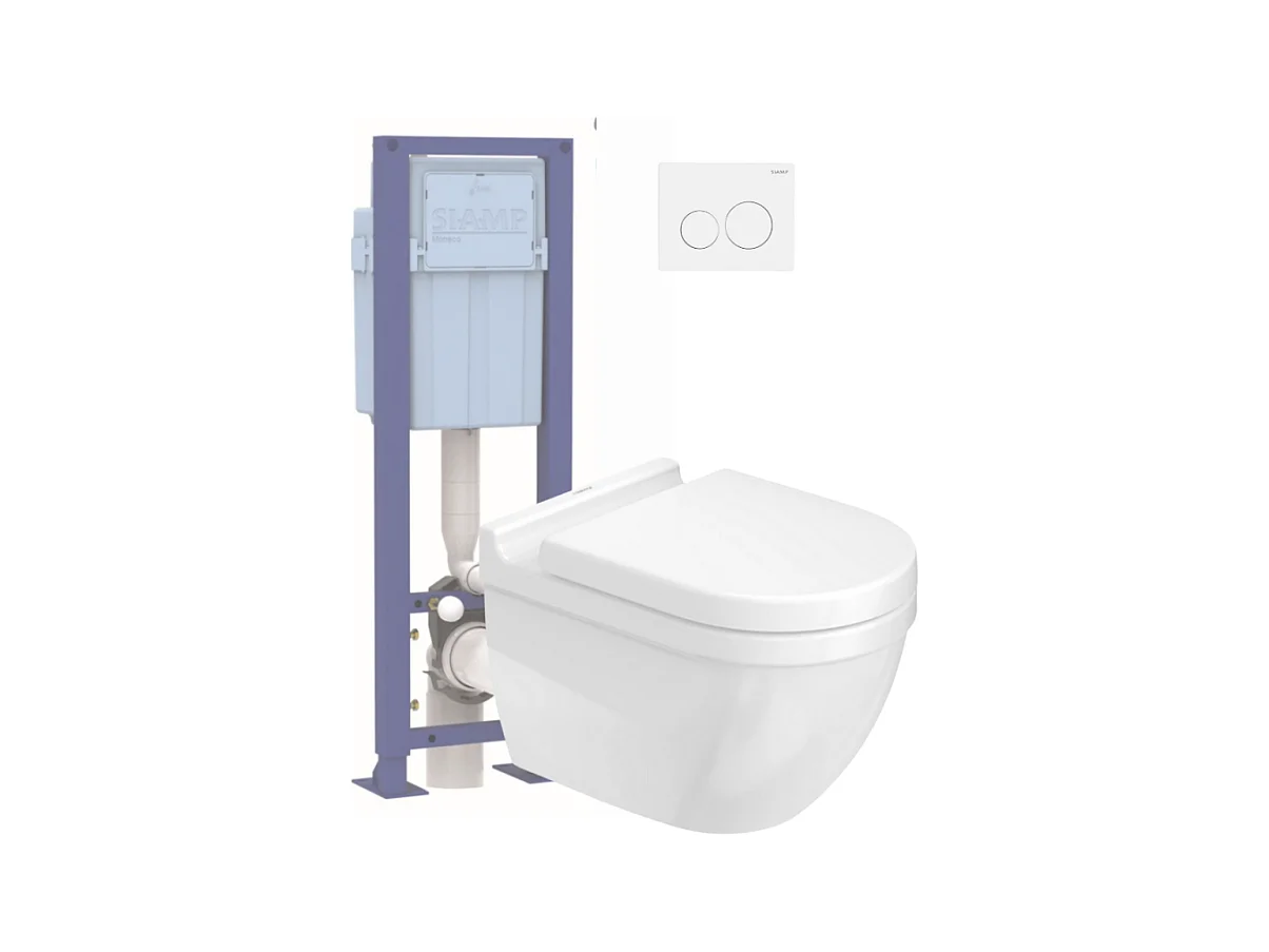 Pack WC suspendu sans bride DURAVIT Starck 3 avec abattant frein de chute + bati support SIAMP + Plaque de commande blanche