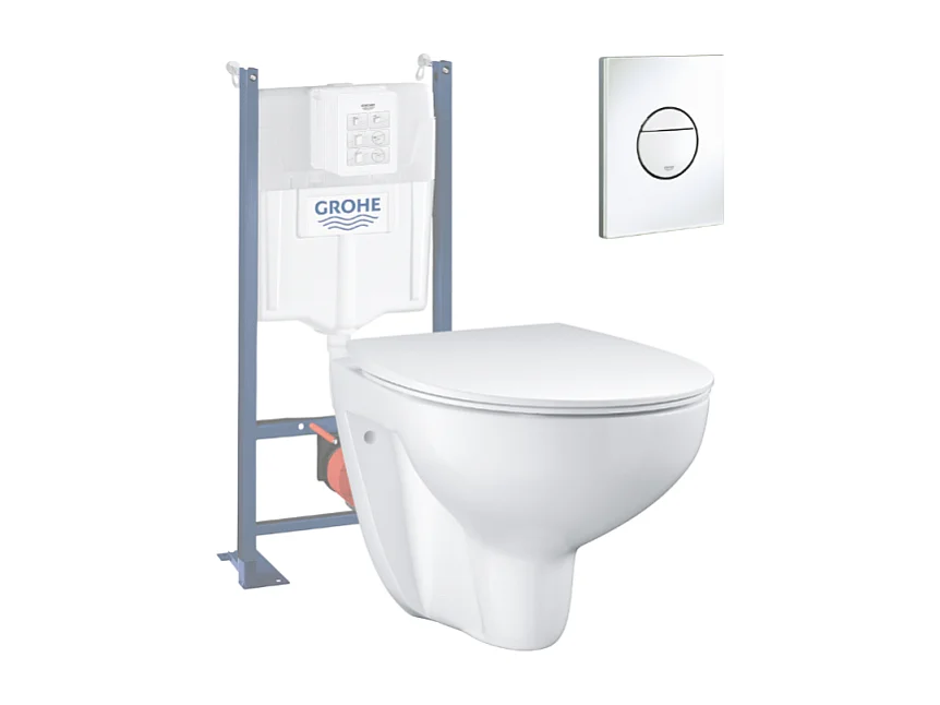 Pack WC sans bride Bau Ceramic Set de toilette Slim avec abattant + Bâti support Rapid SL + Plaque de commande WC rond blanc alpin