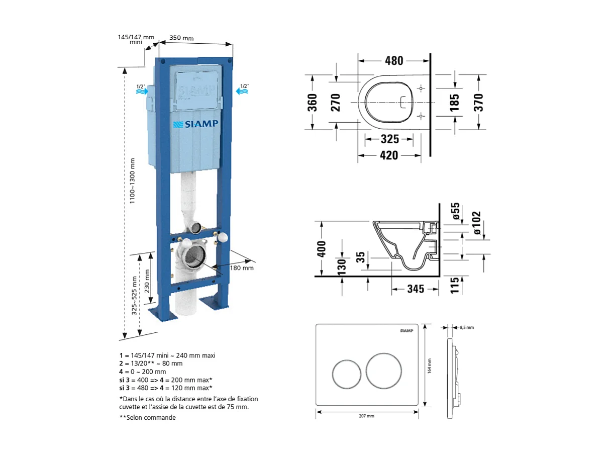 Pack WC suspendu compact sans bride DURAVIT D-Neo avec abattant frein de chute + bati support SIAMP + Plaque de commande blanche