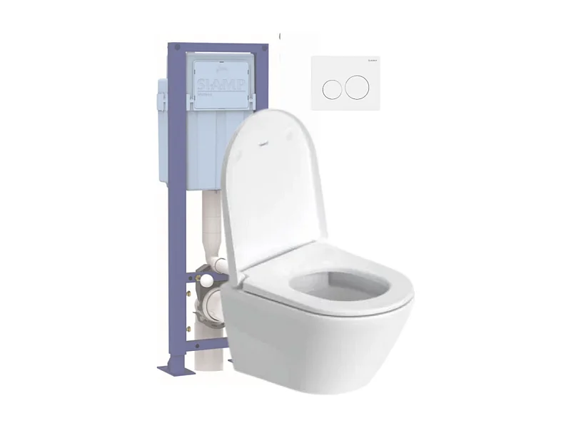 Pack WC suspendu compact sans bride DURAVIT D-Neo avec abattant frein de chute + bati support SIAMP + Plaque de commande blanche