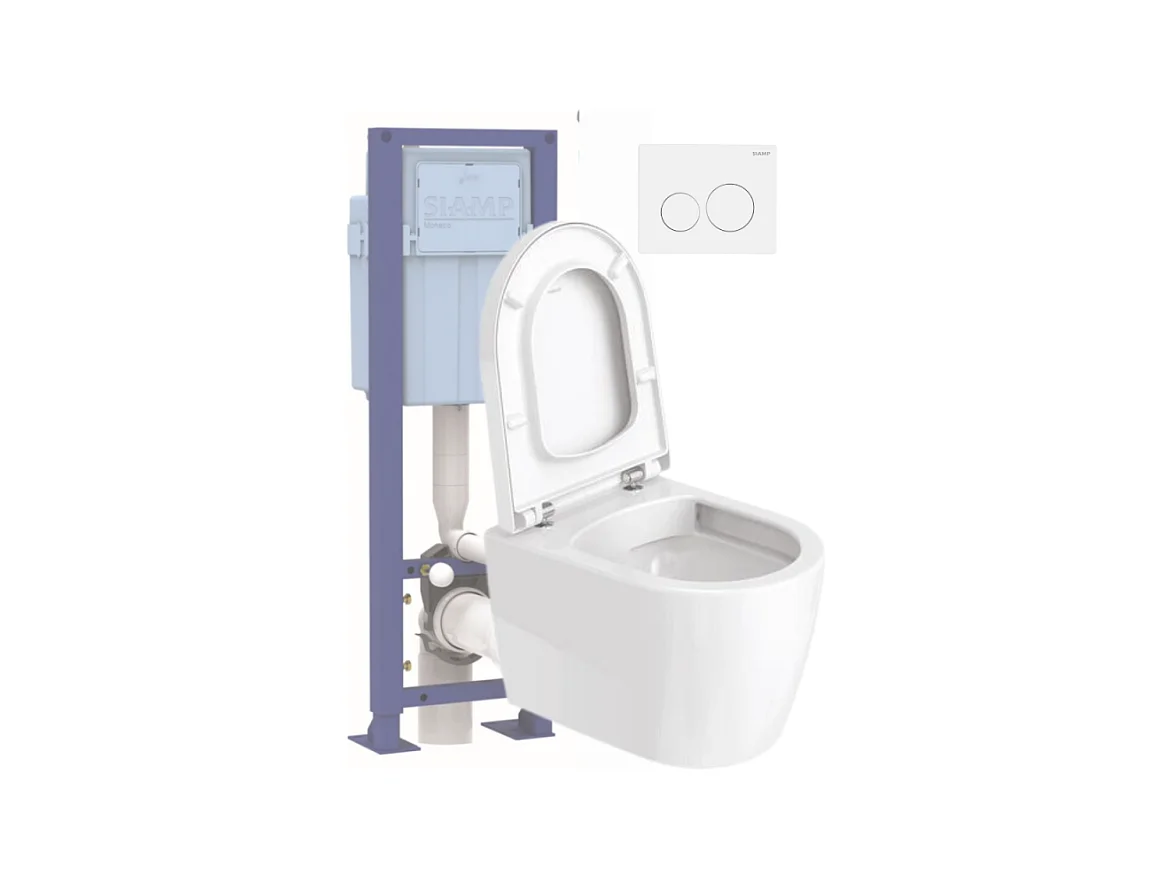 Pack WC suspendu compact sans bride DURAVIT Me by Starck abattant frein de chute + bati support SIAMP + Plaque de commande blanche