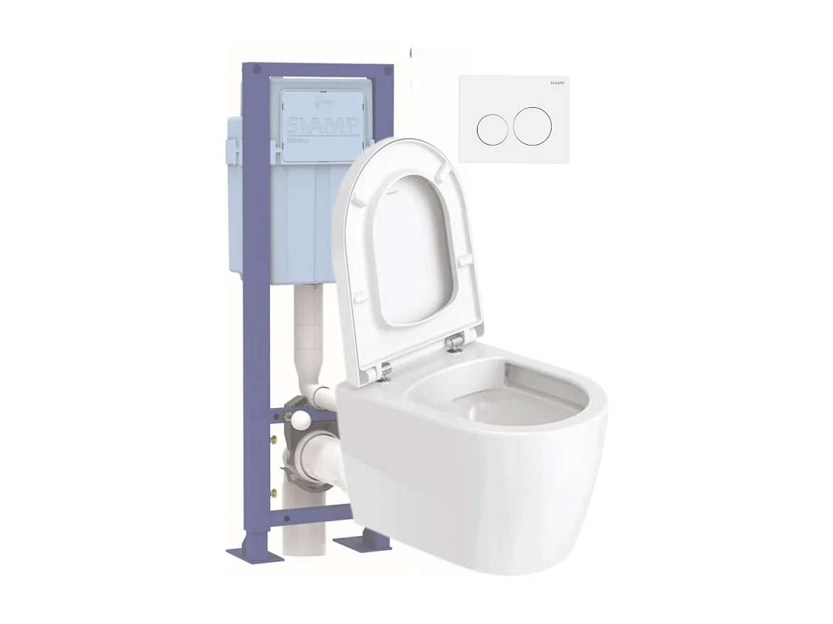 Pack WC suspendu compact sans bride DURAVIT Me by Starck abattant frein de chute + bati support SIAMP + Plaque de commande blanche