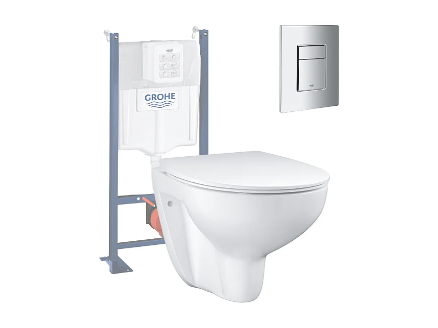 Pack WC sans bride Bau Ceramic slim avec abattant + Bâti support SL Rapid + Plaque de commande carré chromé