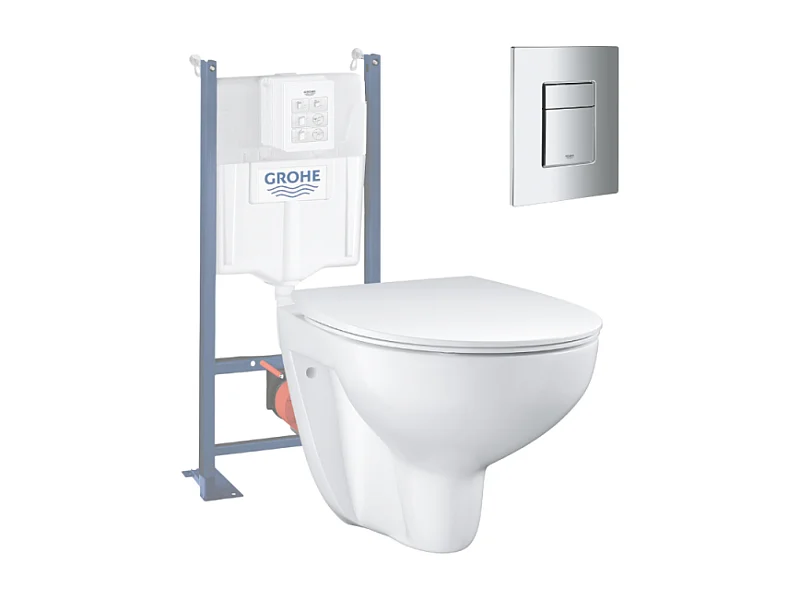 Pack WC sans bride Bau Ceramic slim avec abattant + Bâti support SL Rapid + Plaque de commande carré chromé