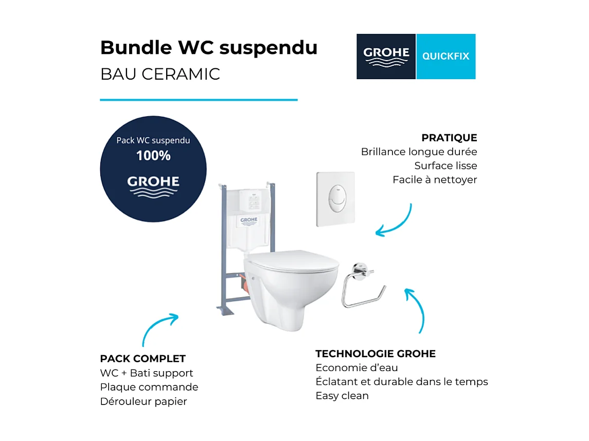 Pack WC sans bride Bau Ceramic avec abattant slim + Bâti support WC Rapid SL + plaque de commande Start ovale blanc alpin Grohe