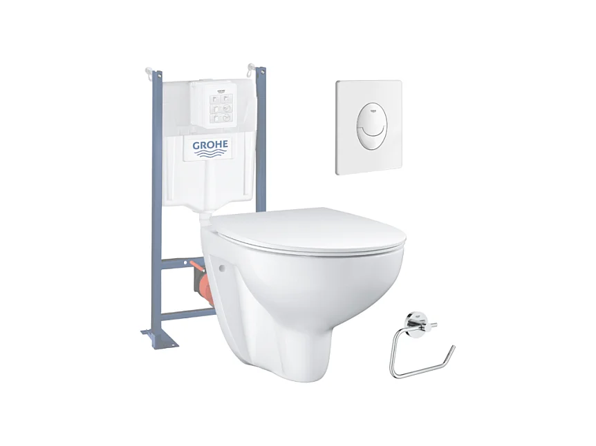 Pack WC sans bride Bau Ceramic avec abattant slim + Bâti support WC Rapid SL + plaque de commande Start ovale blanc alpin Grohe