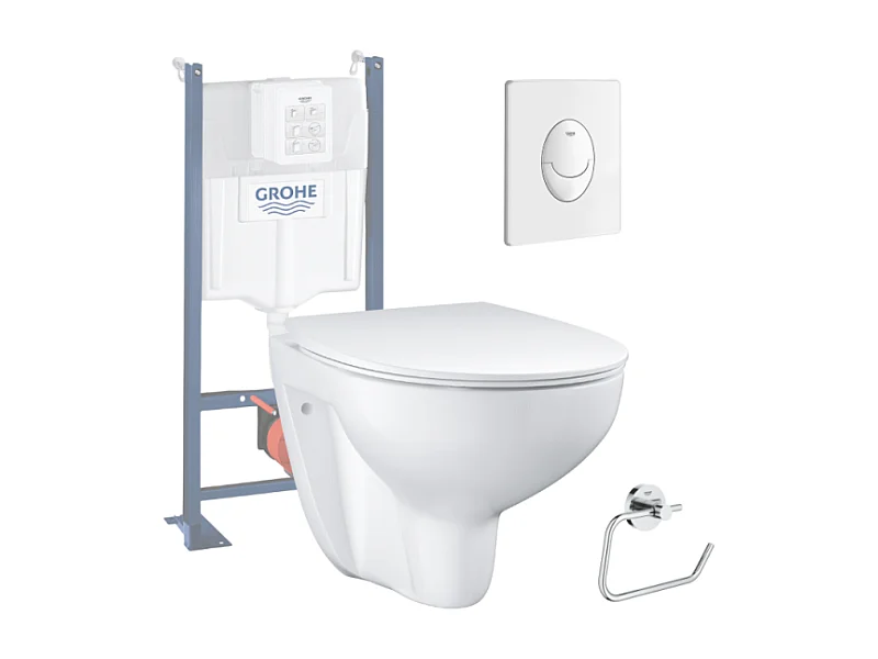 Pack WC sans bride Bau Ceramic avec abattant slim + Bâti support WC Rapid SL + plaque de commande Start ovale blanc alpin Grohe