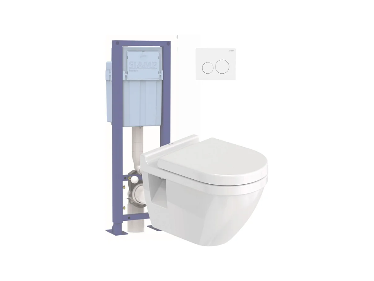 Pack WC suspendu DURAVIT Starck 3 avec abattant frein de chute + bati support SIAMP + Plaque de commande blanche