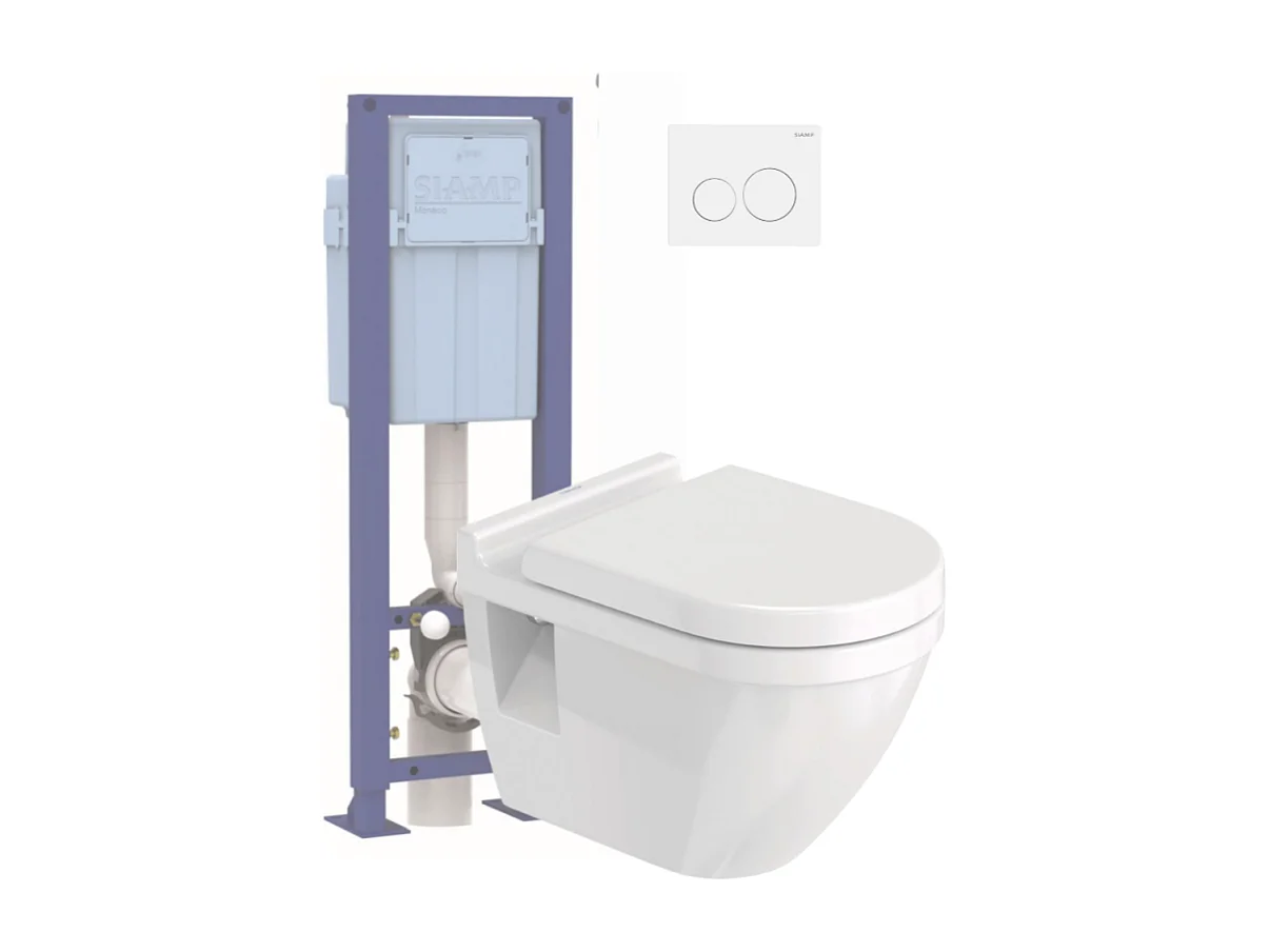 Pack WC suspendu DURAVIT Starck 3 avec abattant frein de chute + bati support SIAMP + Plaque de commande blanche