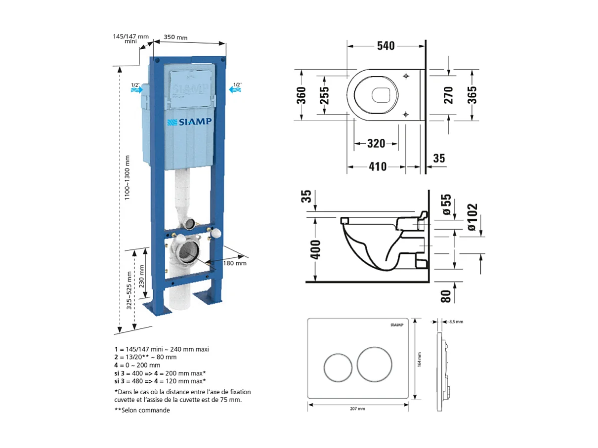 Pack WC suspendu DURAVIT Starck 3 avec abattant frein de chute + bati support SIAMP + Plaque de commande blanche