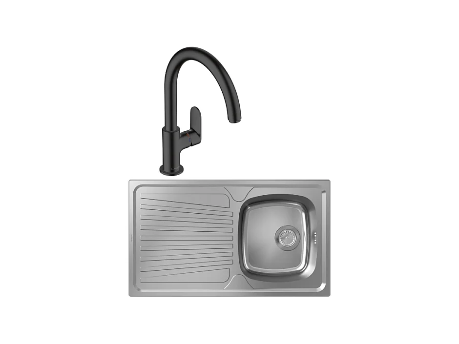 Evier 1 bac HANSGROHE S21 inox + robinet de cuisine HANSGROHE Vernis Blend M35 210 noir mat