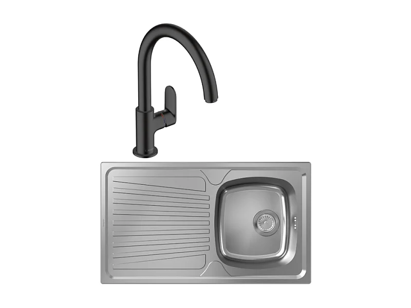 Evier 1 bac HANSGROHE S21 inox + robinet de cuisine HANSGROHE Vernis Blend M35 210 noir mat
