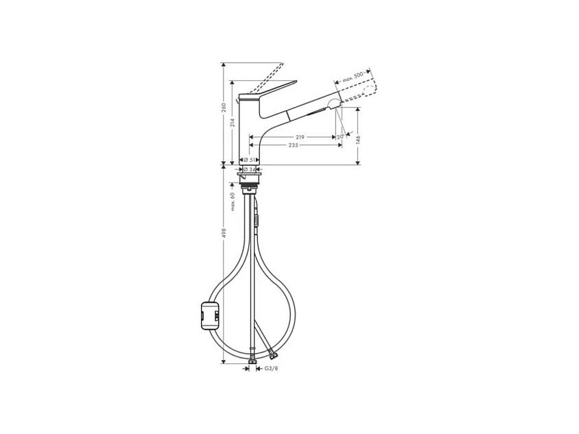 Evier 1 bac HANSGROHE S21 inox + robinet de cuisine avec douchette HANSGROHE Zesis M33 150 2 jets noir mat