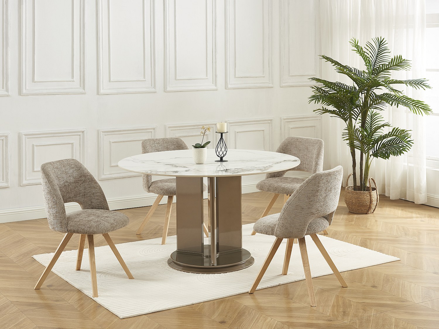 Stuhl 6er-Set - Stoff & Kautschukholz - Taupe - VESIANI günstig online kaufen